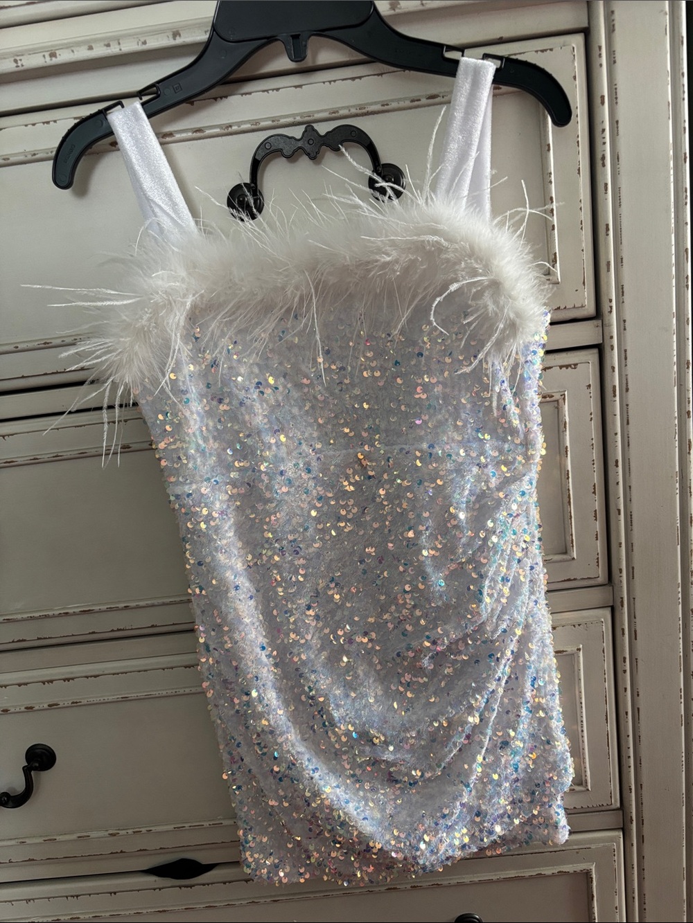 Poppies and Roses White Sequin & Feather Mini Dress